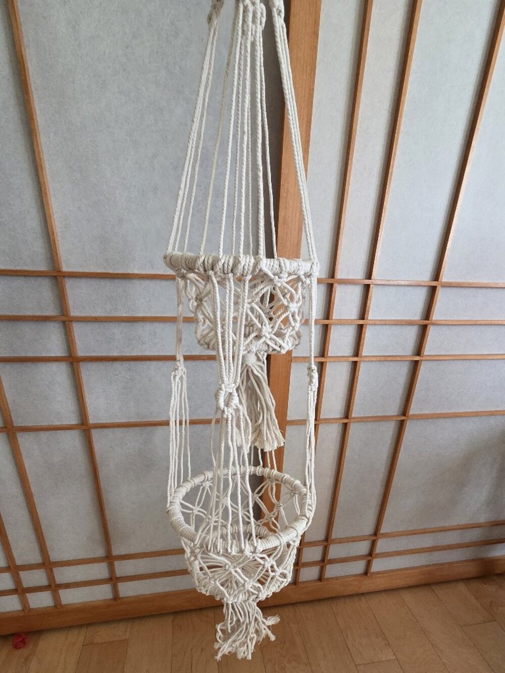 White Macrame Two Tier Ceiling Hanging Woven Planter Holder Basket Indonesia